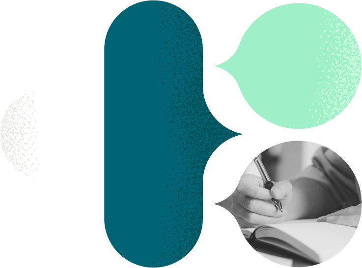 Graphic of various shapes and colors with one shape of a person sitting at a board room table taking notes.