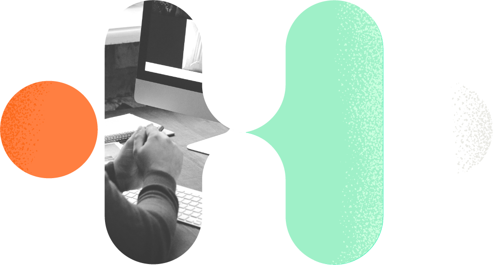 Graphic of various shapes and colors with one shape of a person sitting at a board room table taking notes.